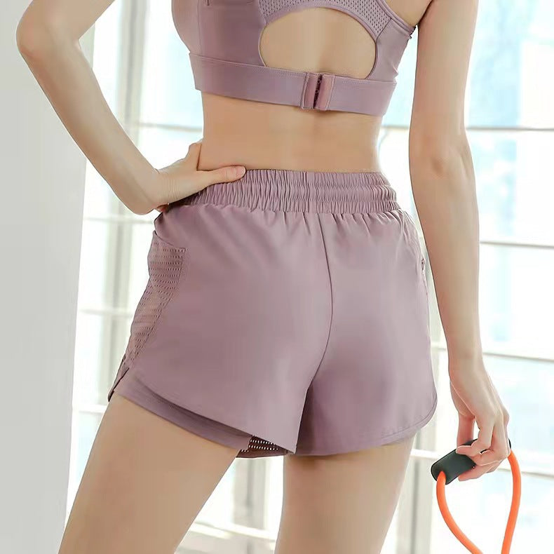 Casual shorts with outdoor running mesh, quick-dry, anti-exposed fake two-piece