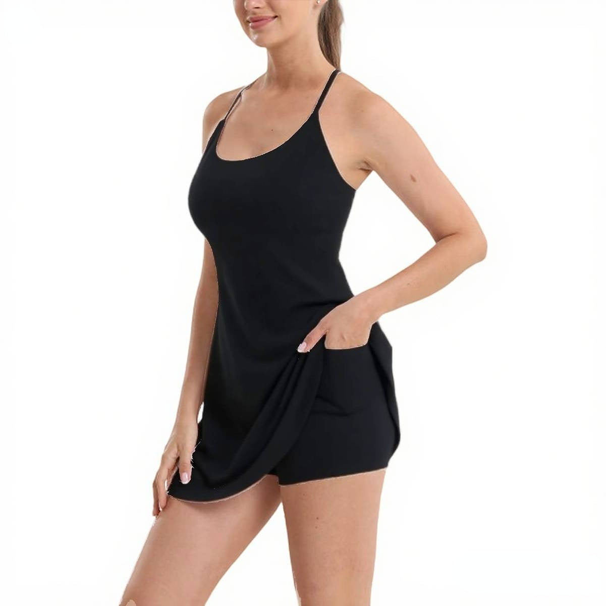 Anti-Exposure Sports Dress with Inner Shorts, Removable Chest Pads, and Pockets
